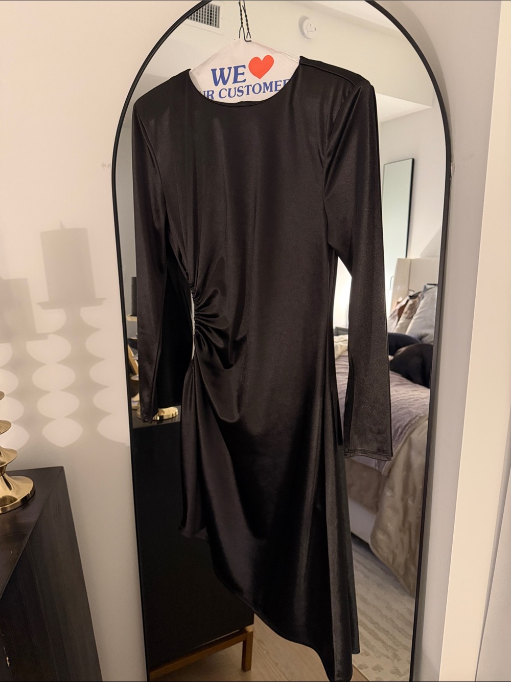 Michael Costello Black Long-Sleeve Ruched Asymmetric Dress- cut out on side